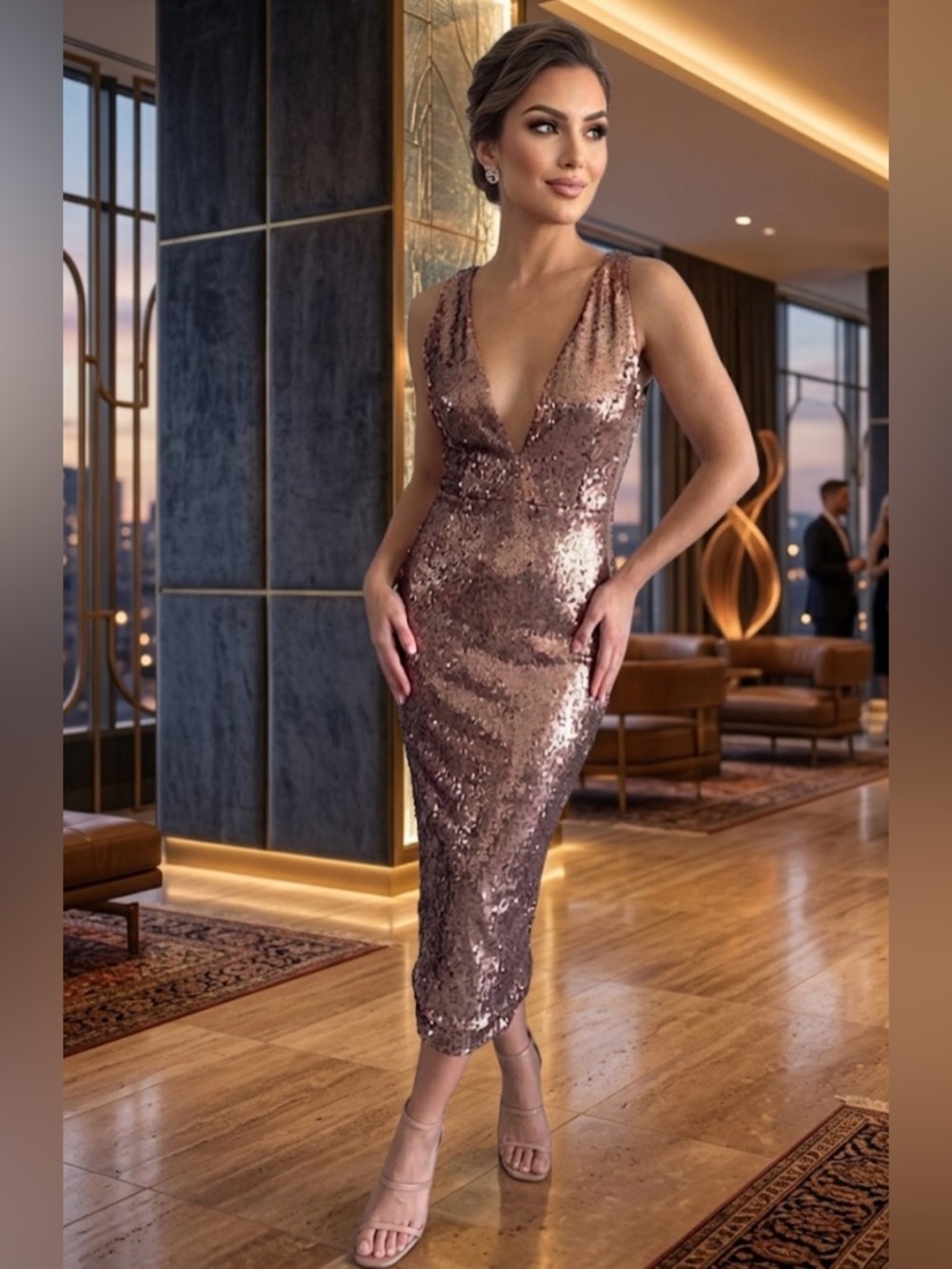 Akira Chicago Black Label Sleeveless Sequin Midi Dress in Rose Gold Sz M